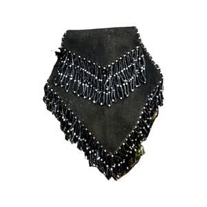 Antique Beaded Black Leather Purse, Expanding Leather Bag